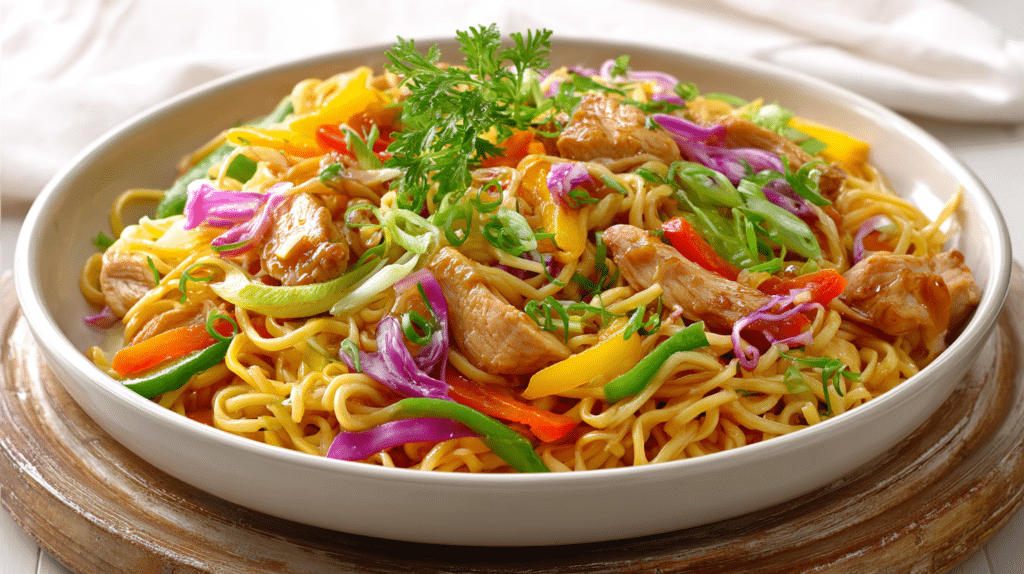Best Chicken Lo Mein with tender chicken, colorful bell peppers, red cabbage, and green onions tossed with savory noodles in a white serving bowl.