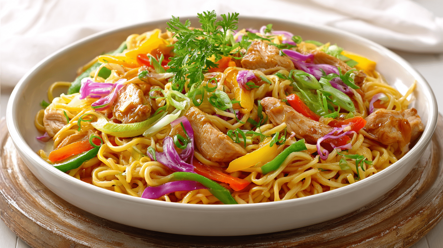 Best Chicken Lo Mein Recipe (Better Than Takeout) 1 Best Chicken Lo Mein with tender chicken, colorful bell peppers, red cabbage, and green onions tossed with savory noodles in a white serving bowl.