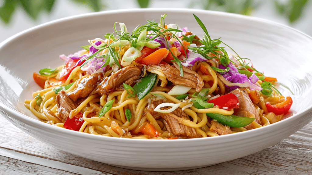 Best Chicken Lo Mein Recipe (Better Than Takeout) 4 Best Chicken Lo Mein served in a white bowl with tender chicken, colorful bell peppers, carrots, purple cabbage, and green onions tossed with savory noodles and garnished with fresh herbs.
