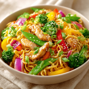 Best Chicken Lo Mein Recipe (Better Than Takeout) 2 Best Chicken Lo Mein recipe with juicy chicken, stir-fried vegetables, and savory noodles in a homemade sauce, served in a bowl and garnished with sesame seeds and green onions.