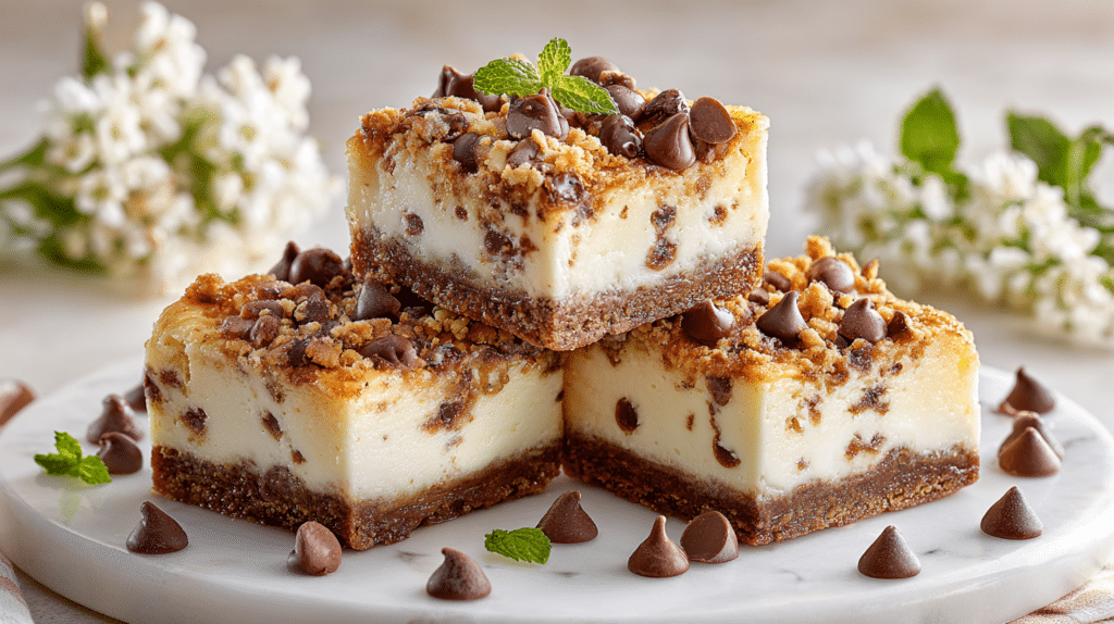 Chocolate Chip Cheesecake Bars with a rich chocolate crust, creamy cheesecake filling, and chocolate chips on top, served on a white marble platter.