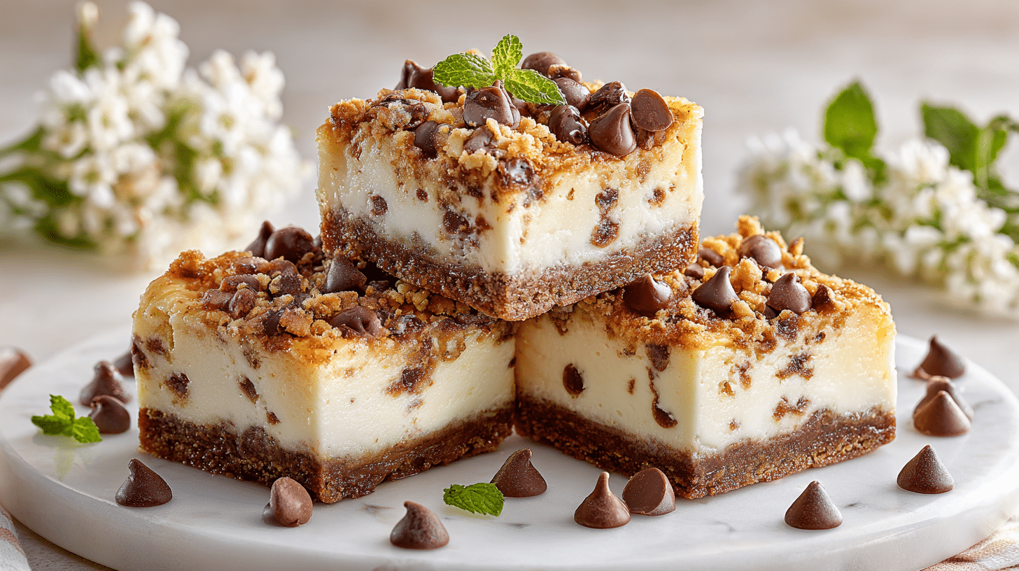 Chocolate Chip Cheesecake Bars: The Ultimate Easy Dessert Recipe 1 Chocolate Chip Cheesecake Bars with a rich chocolate crust, creamy cheesecake filling, and chocolate chips on top, served on a white marble platter.