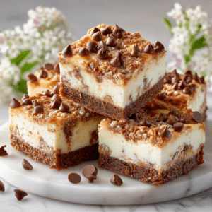 Chocolate Chip Cheesecake Bars: The Ultimate Easy Dessert Recipe 2 Stacked Chocolate Chip Cheesecake Bars with creamy cheesecake filling, chocolate cookie crust, and chocolate chips on top on a white marble serving board.