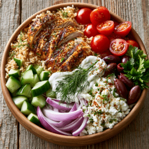 Greek Chicken Bowls: Easy High-Protein Mediterranean Meal Prep Recipe 2 Greek Chicken Bowls with grilled chicken, brown rice, cucumber, cherry tomatoes, red onion, feta cheese, kalamata olives, and creamy tzatziki sauce.