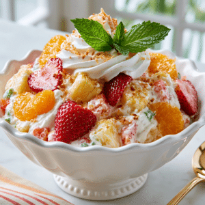 Hawaiian Cheesecake Salad: The Creamy Tropical Dessert That Always Steals the Show 2 Close-up of Hawaiian Cheesecake Salad with strawberries, pineapple, mandarin oranges, whipped cream, toasted coconut, and mint garnish in a white serving bowl.