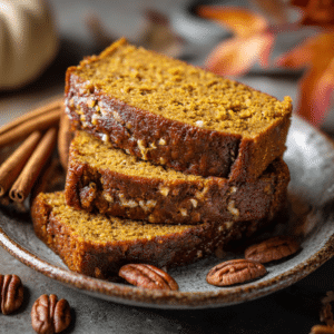 Keto Pumpkin Bread: Moist, Cozy, and Perfect for Fall 2 Close-up of sliced keto pumpkin bread stacked on a ceramic plate with pecans and cinnamon sticks, highlighting the moist texture and rich pumpkin spice flavor.