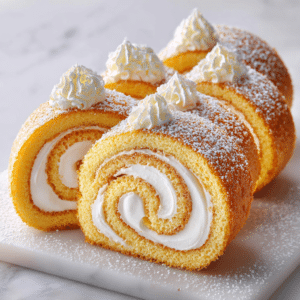 Vanilla Swiss Roll Recipe (Soft, Fluffy & Crack-Free Every Time) 2 Close-up of sliced Vanilla Swiss Roll cake with fluffy whipped cream filling, golden sponge cake, powdered sugar dusting, and decorative whipped cream swirls on top, served on a white marble board.