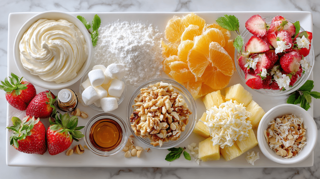 Hawaiian Cheesecake Salad: The Creamy Tropical Dessert That Always Steals the Show 4 Flat lay of Hawaiian Cheesecake Salad ingredients including cream cheese, powdered sugar, vanilla extract, pineapple chunks, shredded coconut, marshmallows, strawberries, mandarin oranges, and chopped nuts arranged on a white platter.