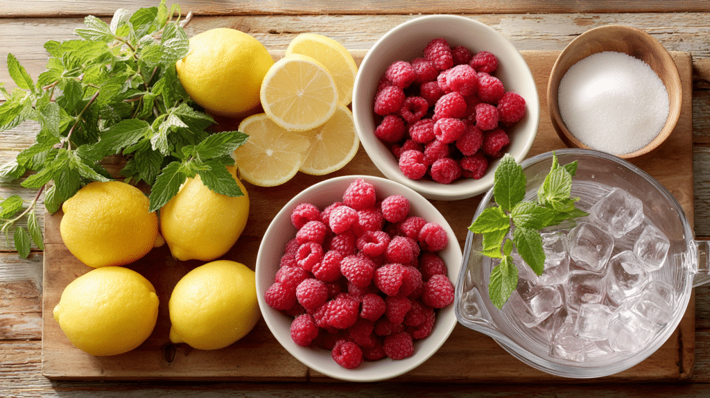 Ingredients for homemade raspberry lemonade including lemons, raspberries, sugar, mint, and ice.