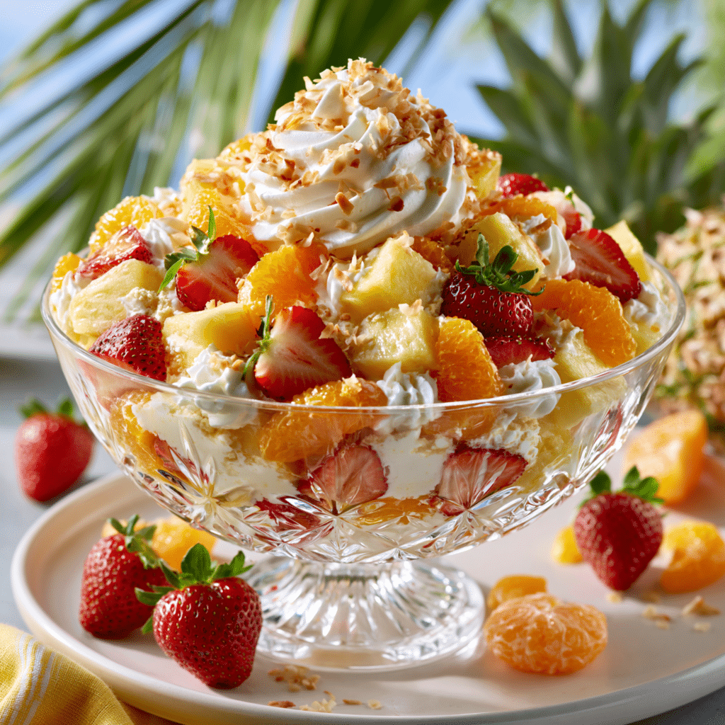 Hawaiian Cheesecake Salad with pineapple, strawberries, mandarin oranges, whipped cream, and toasted coconut served in a glass dessert bowl.