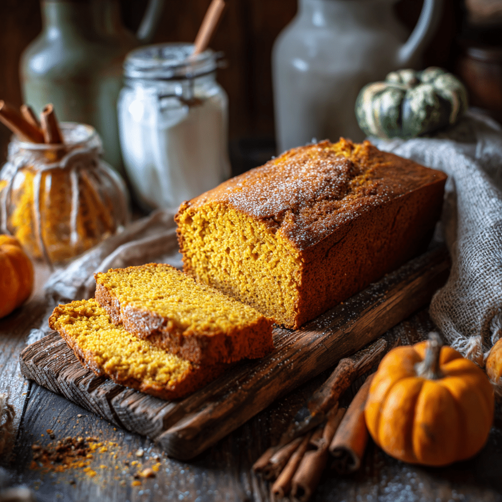 Keto Pumpkin Bread: Moist, Cozy, and Perfect for Fall 1 Freshly baked keto pumpkin bread loaf sliced on a rustic wooden board with cinnamon sticks and mini pumpkins, showcasing a moist low-carb pumpkin bread texture.