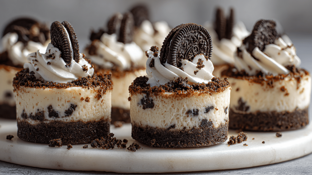 Mini Oreo cheesecake bites topped with whipped cream, crushed Oreo cookies, and mini Oreo halves on a marble serving board.