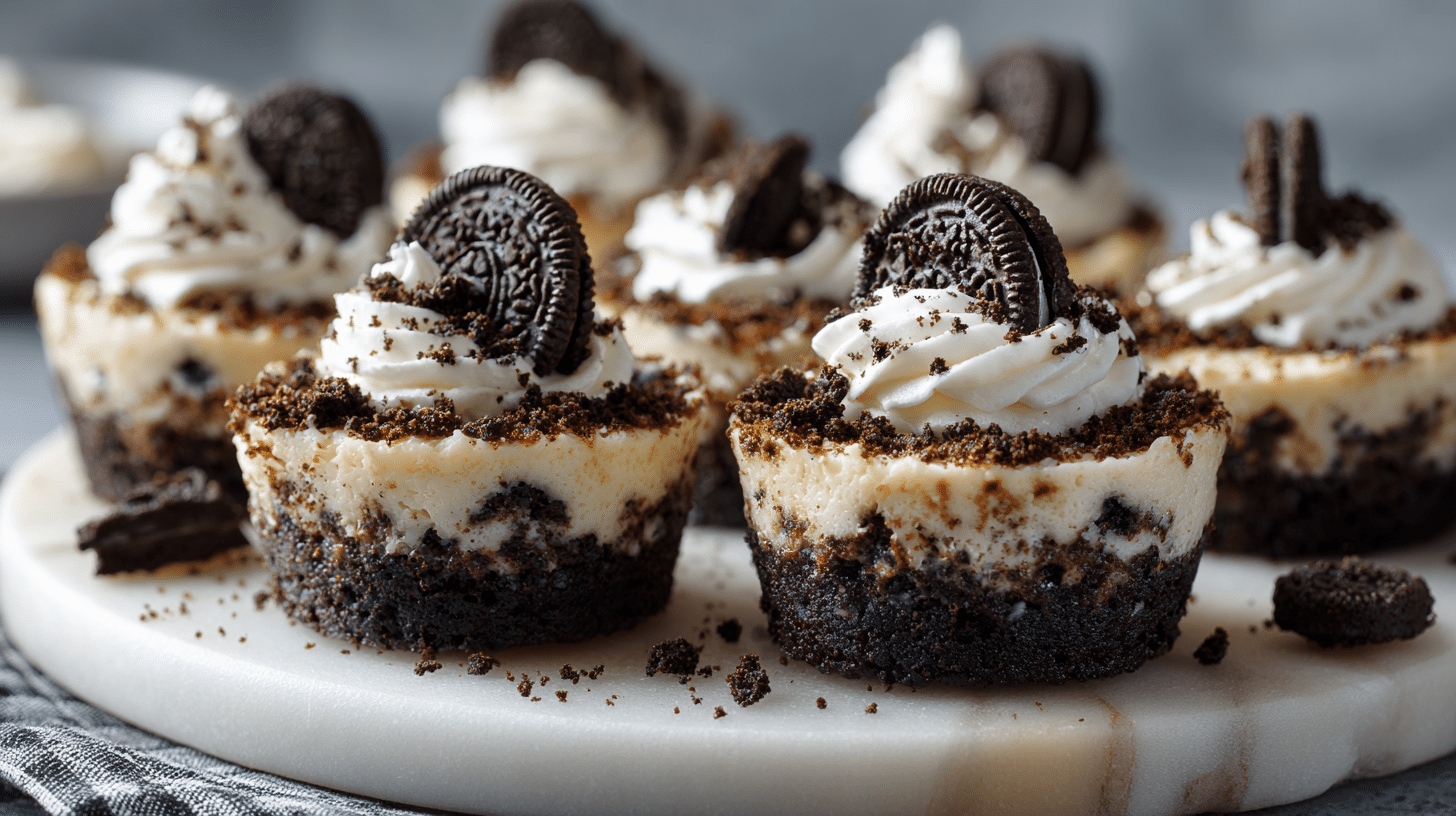 Mini Oreo cheesecake bites topped with whipped cream, crushed Oreo cookies, and mini Oreo halves on a marble serving board.