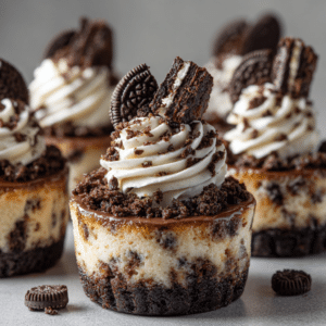 Mini Oreo cheesecake bite with chocolate drizzle, whipped cream frosting, crushed Oreo crumbs, and Oreo cookie pieces on top.