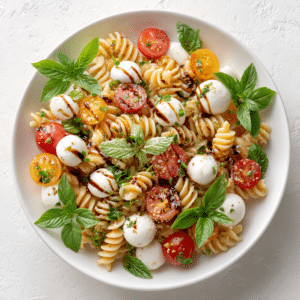 Overhead view of Caprese pasta salad with rotini pasta, mozzarella pearls, cherry tomatoes, fresh basil leaves, and balsamic glaze in a white bowl.