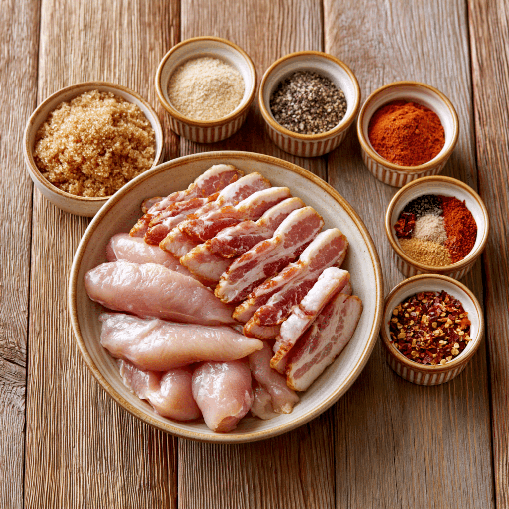 Bacon Brown Sugar Chicken Tenders: The Ultimate 5-Ingredient Sweet and Savory Recipe 4 Raw chicken tenders, bacon slices, brown sugar, garlic powder, paprika, black pepper, onion powder, cayenne pepper, smoked paprika, and chili flakes arranged on a rustic wooden table.