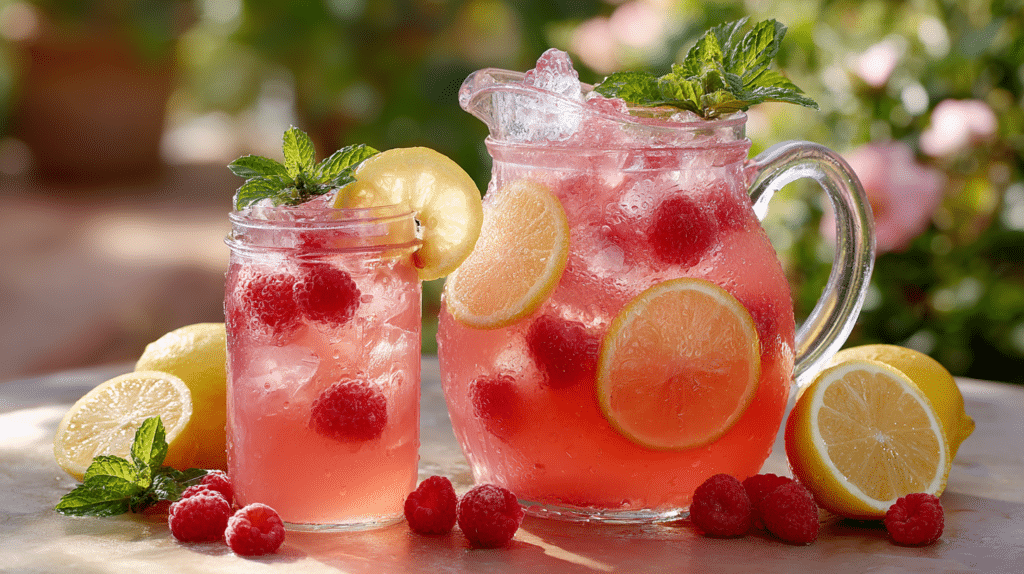 Fresh raspberry lemonade served with lemon slices and mint