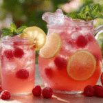 Fresh raspberry lemonade served with lemon slices and mint