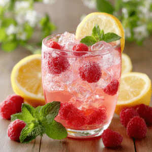 Glass of homemade raspberry drink with ice and fresh berries.