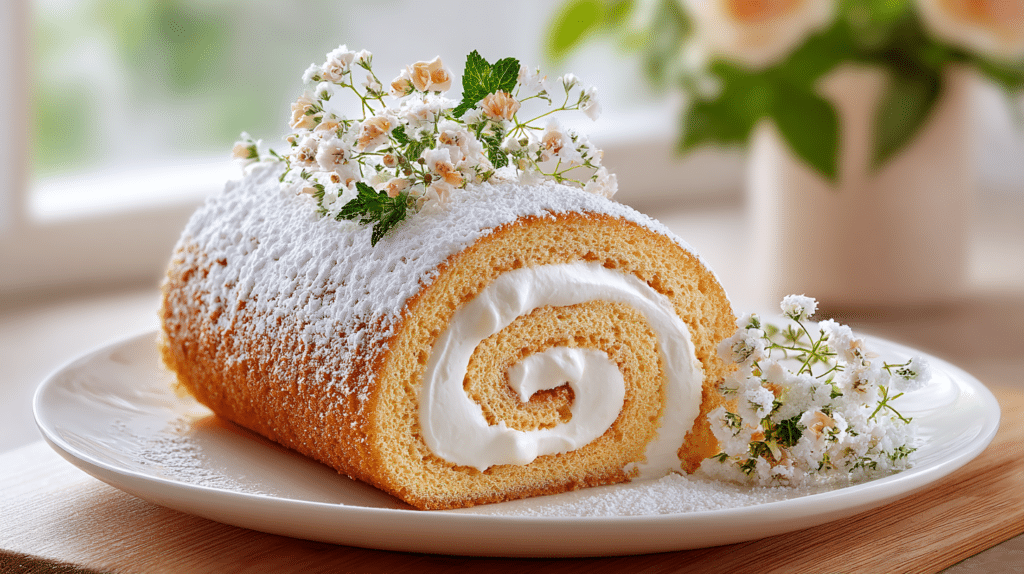 Homemade Vanilla Swiss Roll cake with a soft golden sponge, creamy vanilla filling, powdered sugar dusting, and delicate floral garnish on a white plate in bright natural light.