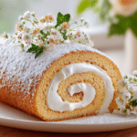 Homemade Vanilla Swiss Roll cake with a soft golden sponge, creamy vanilla filling, powdered sugar dusting, and delicate floral garnish on a white plate in bright natural light.