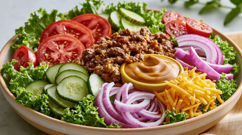 Healthy Burger Bowl with Special Sauce served in a bowl with seasoned ground beef, fresh lettuce, tomatoes, cucumbers, red onion, shredded cheddar cheese, and creamy burger sauce for an easy high-protein low-carb meal.