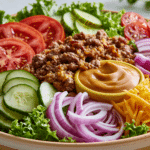 Healthy Burger Bowl with Special Sauce served in a bowl with seasoned ground beef, fresh lettuce, tomatoes, cucumbers, red onion, shredded cheddar cheese, and creamy burger sauce for an easy high-protein low-carb meal.