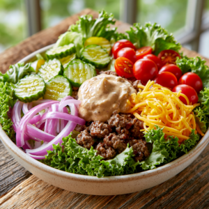 Healthy Burger Bowl with Special Sauce made with seasoned ground beef, fresh lettuce, sliced cucumbers, cherry tomatoes, red onion, shredded cheddar cheese, and creamy homemade burger sauce in a ceramic bowl.