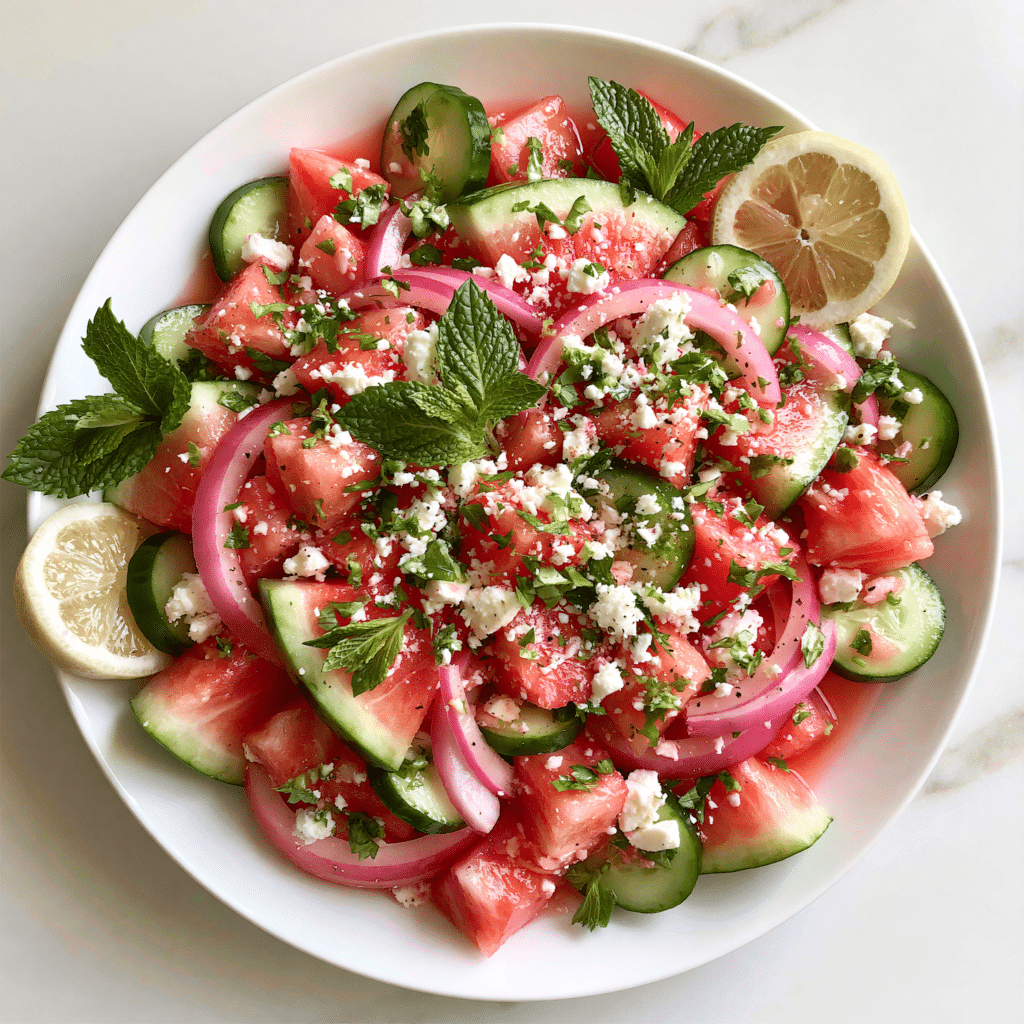 Fresh watermelon cucumber feta salad with red onion, mint, herbs, and lemon slices served in a white bowl.