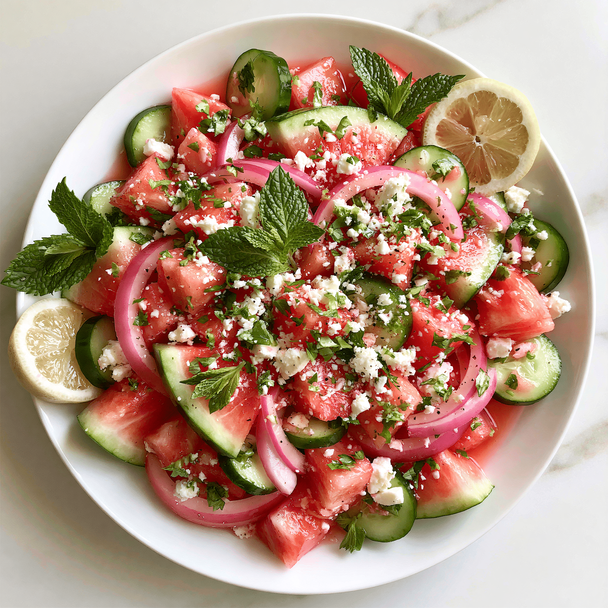 Fresh watermelon cucumber feta salad with red onion, mint, herbs, and lemon slices served in a white bowl.