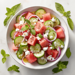 Top view of a watermelon cucumber feta salad with red onion, fresh mint, olive oil, and black pepper in a white ceramic bowl.